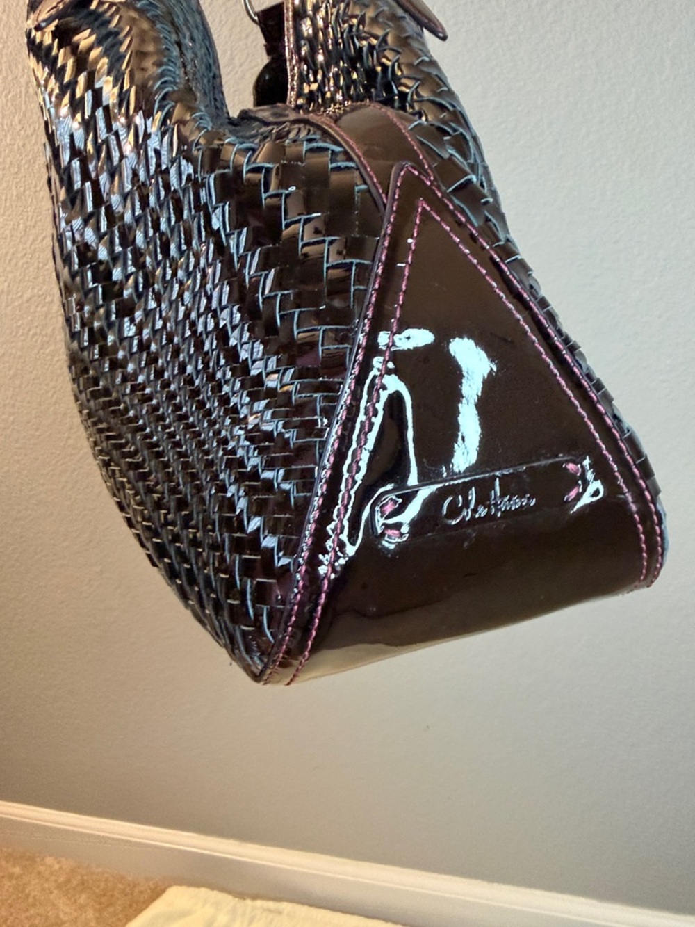 Cole Haan Genevieve Triangle Tote Plum Woven Shoulder Bag with Dustbag - Picture 7 of 10